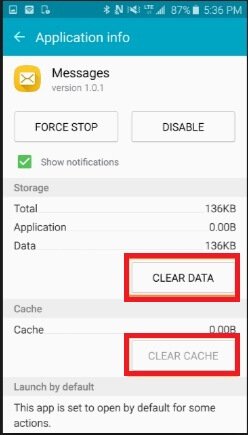clear data and cache of message app